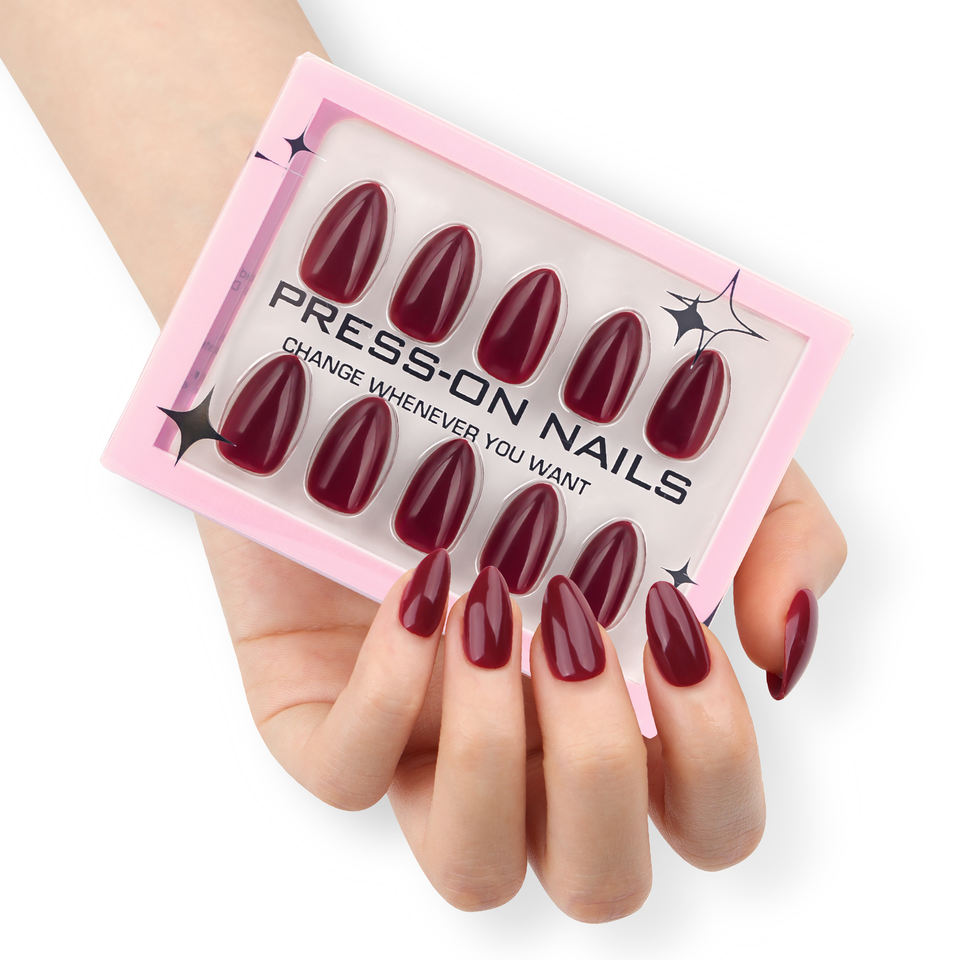 Artificial Nails | Glossy Wine Red Almond Press-On Nails (12 Pcs)